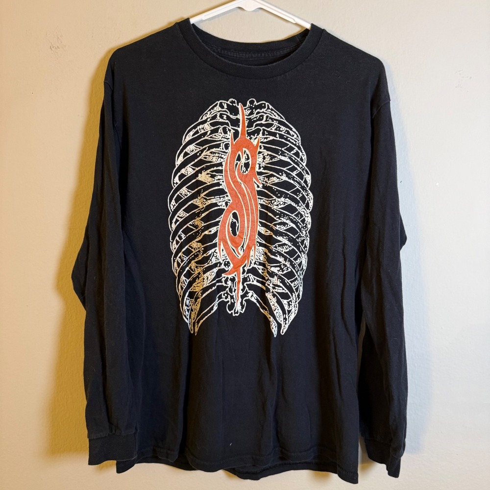 Slipknot Long Sleeve Shirt Mens Medium Black Rib Cage Skeleton Tribal S Logo Tee